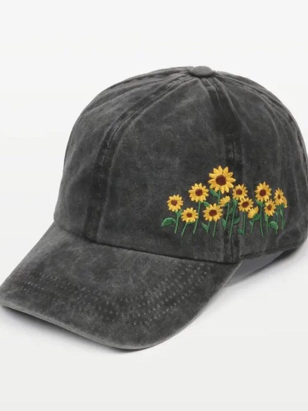 Black Washed Denim Sunflower Embroidered Baseball Hat Cap New